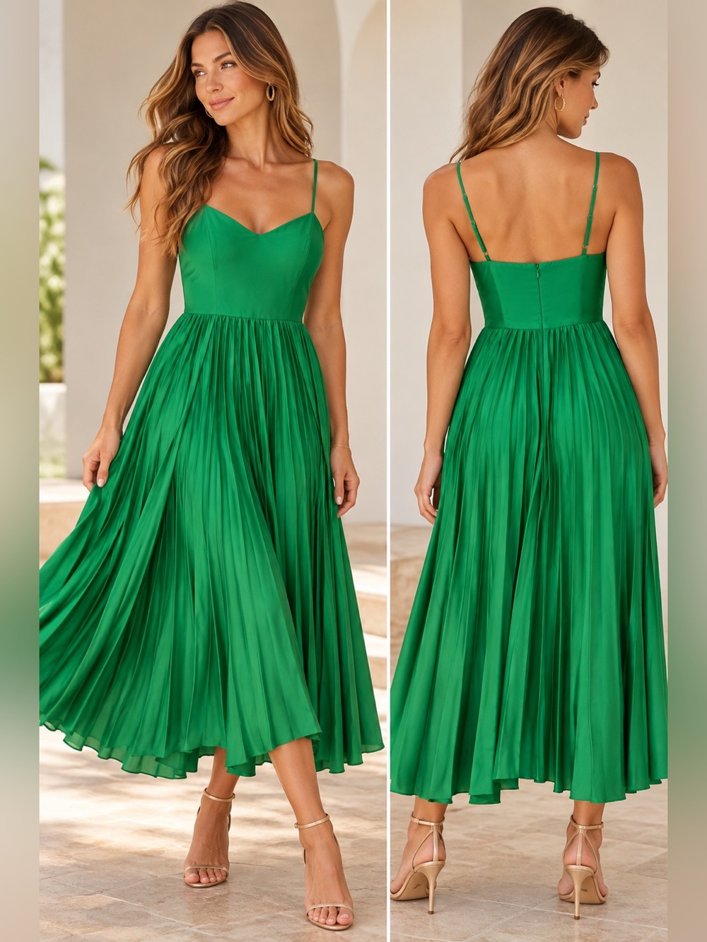 Nicole Miller New York Emerald Green Pleated Midi Dress Size 10